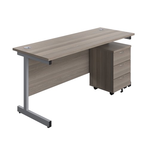 Single Upright Rectangular Desk + Mobile 3 Drawer Pedestal (FSC) 1600 X 600 Grey Oak/Silver
