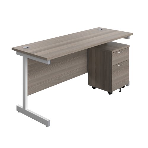 Single Upright Rectangular Desk + Mobile 2 Drawer Pedestal (FSC) 1600 X 600 Grey Oak/White