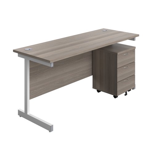 Single Upright Rectangular Desk + Mobile 3 Drawer Pedestal (FSC) 1600 X 600 Grey Oak/White