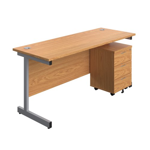 Single Upright Rectangular Desk + Mobile 3 Drawer Pedestal (FSC) 1600 X 600 Nova Oak/Silver