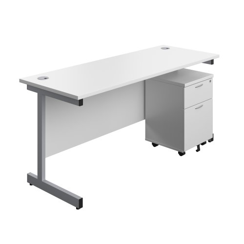 Single Upright Rectangular Desk + Mobile 2 Drawer Pedestal (FSC) 1600 X 600 White/Silver