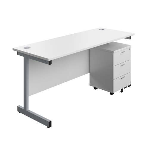 Single Upright Rectangular Desk + Mobile 3 Drawer Pedestal (FSC) 1600 X 600 White/Silver