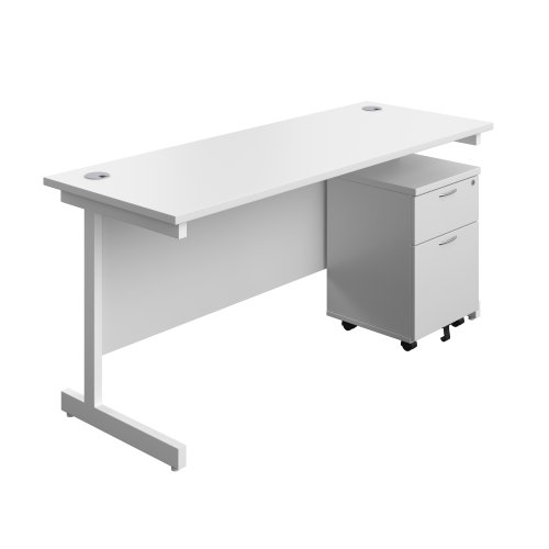 Single Upright Rectangular Desk + Mobile 2 Drawer Pedestal (FSC) 1600 X 600 White/White