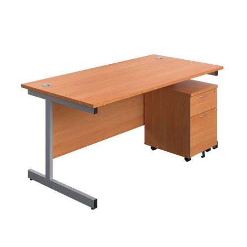 Single Upright Rectangular Desk + Mobile 2 Drawer Pedestal (FSC) 1600 X 800 Beech/Silver