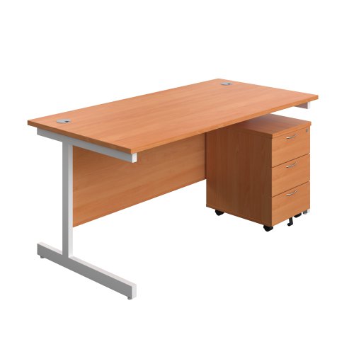 Single Upright Rectangular Desk + Mobile 3 Drawer Pedestal (FSC) 1600 X 800 Beech/White
