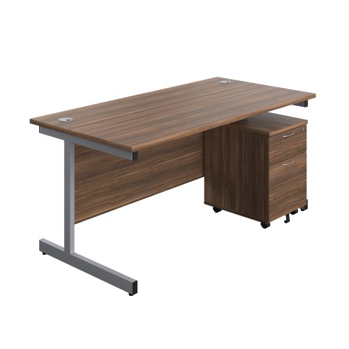 Single Upright Rectangular Desk + Mobile 2 Drawer Pedestal (FSC) 1600 X 800 Dark Walnut/Silver