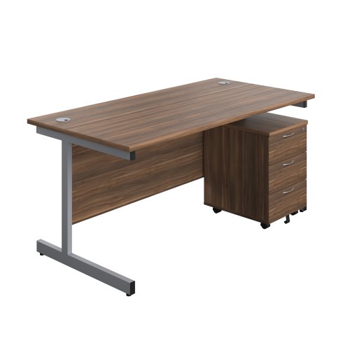 Single Upright Rectangular Desk + Mobile 3 Drawer Pedestal (FSC) 1600 X 800 Dark Walnut/Silver