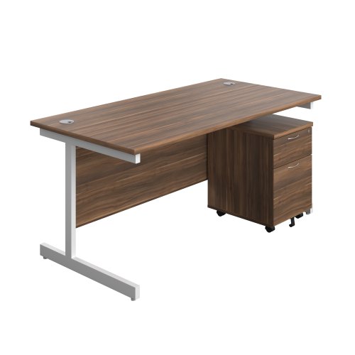 Single Upright Rectangular Desk + Mobile 2 Drawer Pedestal (FSC) 1600 X 800 Dark Walnut/White