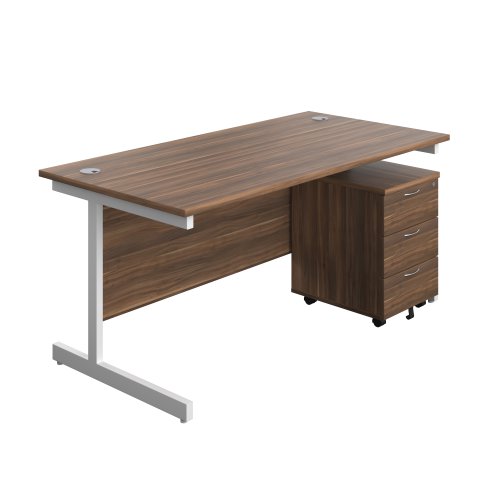 Single Upright Rectangular Desk + Mobile 3 Drawer Pedestal (FSC) 1600 X 800 Dark Walnut/White