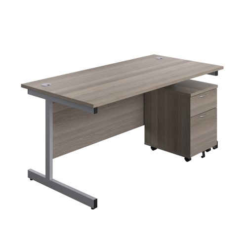 Single Upright Rectangular Desk + Mobile 2 Drawer Pedestal (FSC) 1600 X 800 Grey Oak/Silver