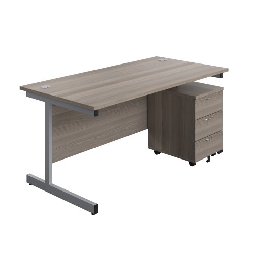 Single Upright Rectangular Desk + Mobile 3 Drawer Pedestal (FSC) 1600 X 800 Grey Oak/Silver