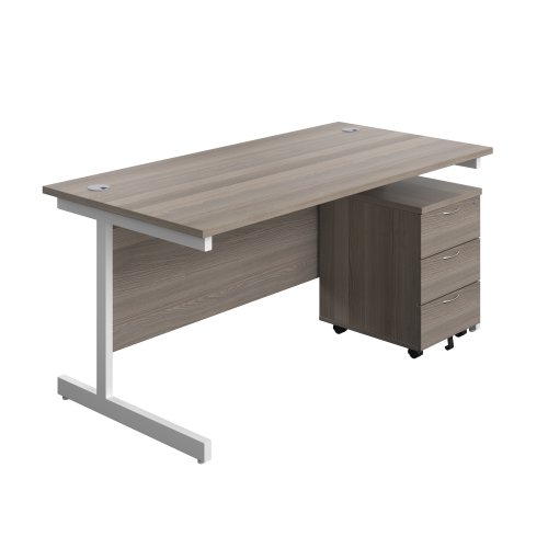 Single Upright Rectangular Desk + Mobile 3 Drawer Pedestal (FSC) 1600 X 800 Grey Oak/White