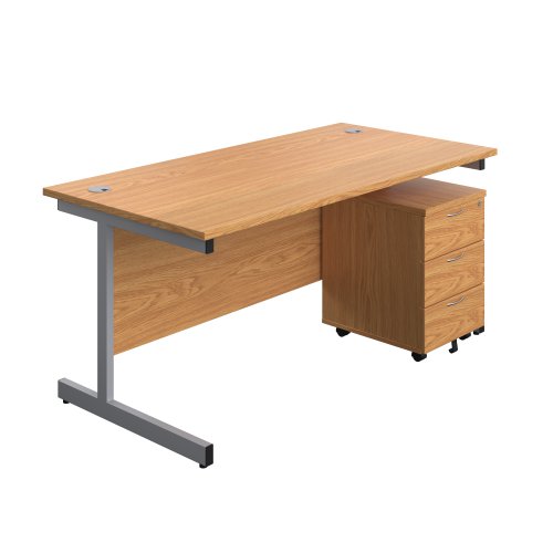 Single Upright Rectangular Desk + Mobile 3 Drawer Pedestal (FSC) 1600 X 800 Nova Oak/Silver