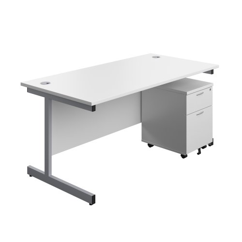 Single Upright Rectangular Desk + Mobile 2 Drawer Pedestal (FSC) 1600 X 800 White/Silver