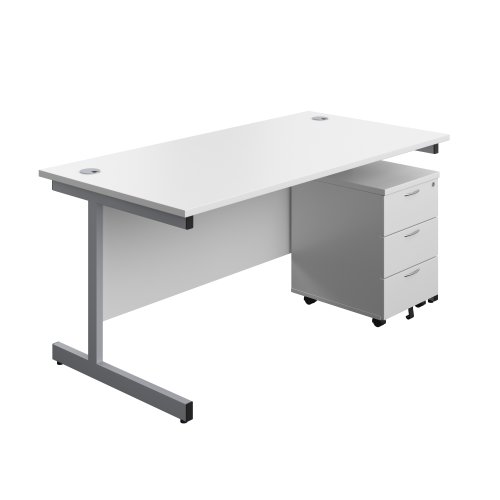Single Upright Rectangular Desk + Mobile 3 Drawer Pedestal (FSC) 1600 X 800 White/Silver