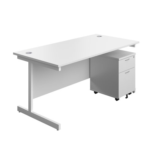Single Upright Rectangular Desk + Mobile 2 Drawer Pedestal (FSC) 1600 X 800 White/White