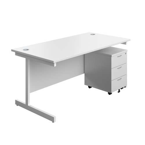 Single Upright Rectangular Desk + Mobile 3 Drawer Pedestal (FSC) 1600 X 800 White/White