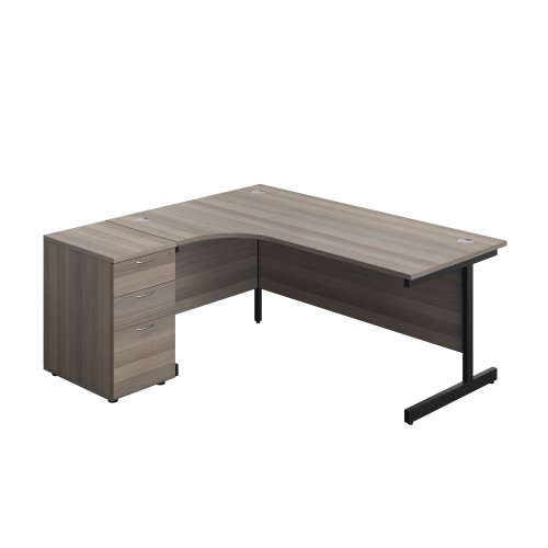 Single Upright Left Hand Radial Desk + Desk High 3 Drawer Pedestal (FSC) 1800 X 1200 600mm Deep Pedestal Grey Oak/Black