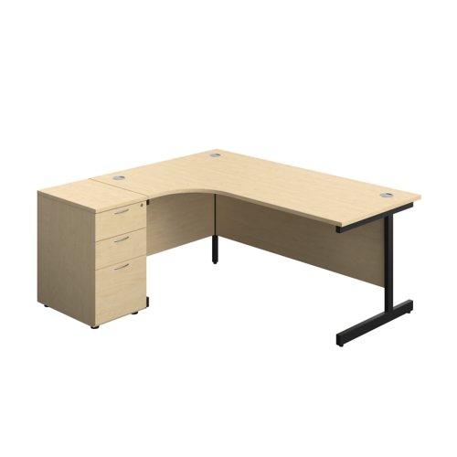 Single Upright Left Hand Radial Desk + Desk High 3 Drawer Pedestal (FSC) 1800 X 1200 600mm Deep Pedestal Maple/Black