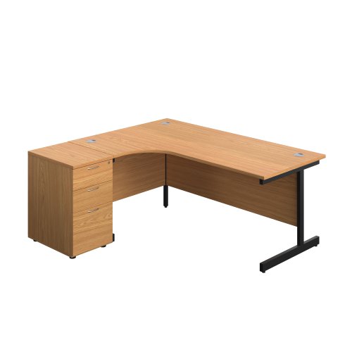 Single Upright Left Hand Radial Desk + Desk High 3 Drawer Pedestal (FSC) 1800 X 1200 600mm Deep Pedestal Nova Oak/Black
