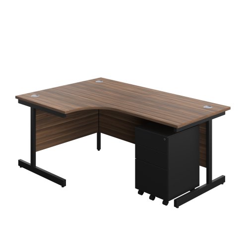 Single Upright Left Hand Radial Desk + Under Desk Steel Pedestal 3 Drawers (FSC) 1800 X 1200 Dark Walnut/Black