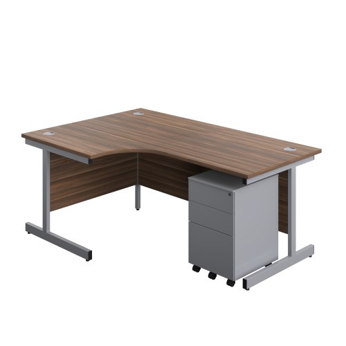 Single Upright Left Hand Radial Desk + Under Desk Steel Pedestal 3 Drawers (FSC) 1800 X 1200 Dark Walnut/Silver