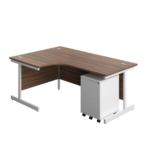 Single Upright Left Hand Radial Desk + Under Desk Steel Pedestal 3 Drawers (FSC) 1800 X 1200 Dark Walnut/White