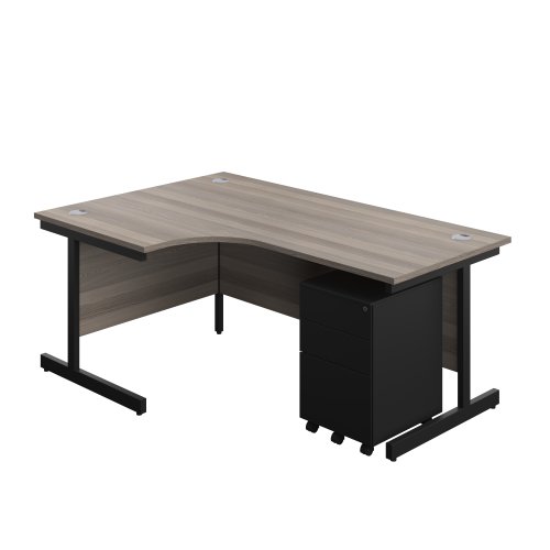 Single Upright Left Hand Radial Desk + Under Desk Steel Pedestal 3 Drawers (FSC) 1800 X 1200 Grey Oak/Black