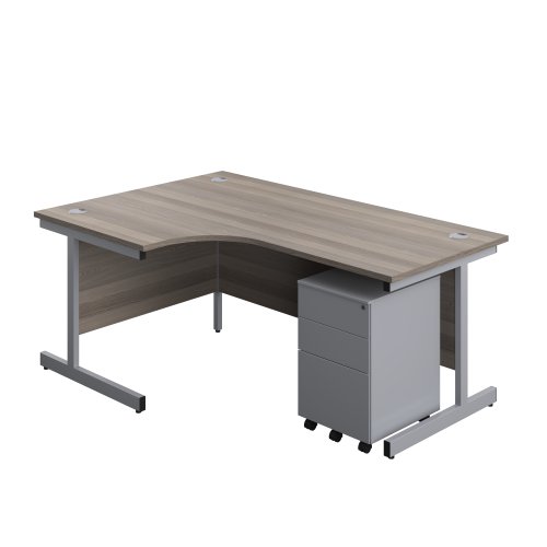 Single Upright Left Hand Radial Desk + Under Desk Steel Pedestal 3 Drawers (FSC) 1800 X 1200 Grey Oak/Silver