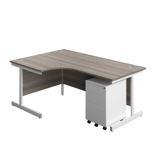 Single Upright Left Hand Radial Desk + Under Desk Steel Pedestal 3 Drawers (FSC) 1800 X 1200 Grey Oak/White