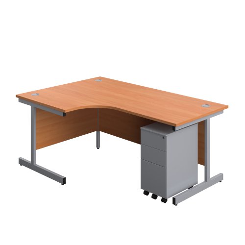 Single Upright Left Hand Radial Desk + Slimline Steel Pedestal 3 Drawers (FSC) 1800 X 1200 Beech/Silver