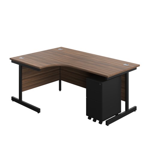 Single Upright Left Hand Radial Desk + Slimline Steel Pedestal 3 Drawers (FSC) 1800 X 1200 Dark Walnut/Black