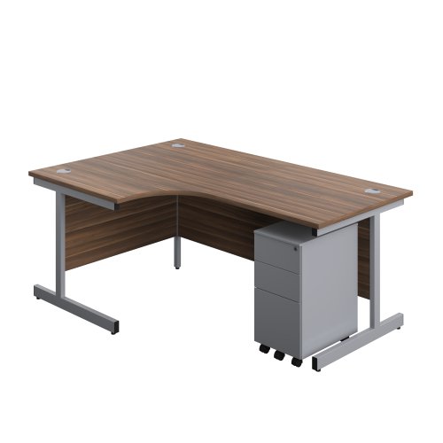 Single Upright Left Hand Radial Desk + Slimline Steel Pedestal 3 Drawers (FSC) 1800 X 1200 Dark Walnut/Silver