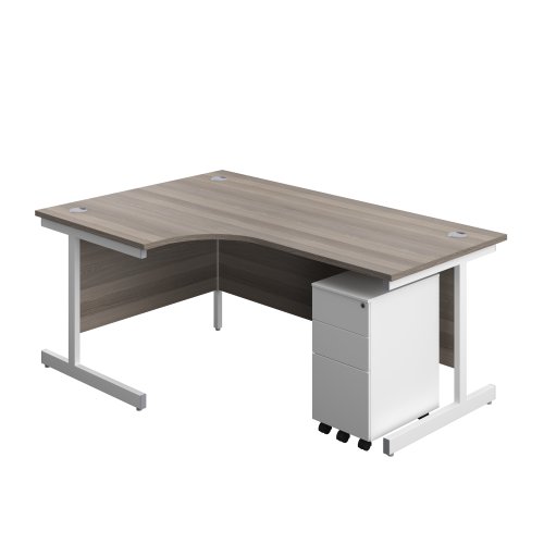 Single Upright Left Hand Radial Desk + Slimline Steel Pedestal 3 Drawers (FSC) 1800 X 1200 Grey Oak/White