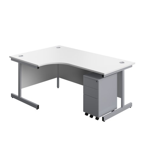 Single Upright Left Hand Radial Desk + Slimline Steel Pedestal 3 Drawers (FSC) 1800 X 1200 White/Silver