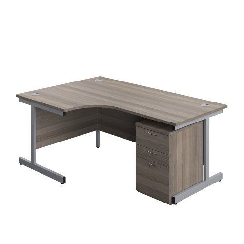 Single Upright Left Hand Radial Desk + High Mobile Pedestal 3 Drawer (FSC) 1800 X 1200 Grey Oak/Silver