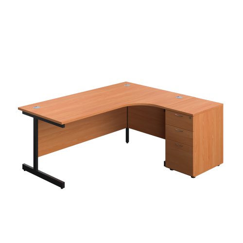 Single Upright Right Hand Radial Desk + Desk High 3 Drawer Pedestal (FSC) 1800 X 1200 600mm Deep Pedestal Beech/Black
