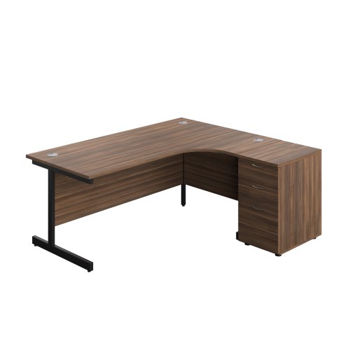 Single Upright Right Hand Radial Desk + Desk High 3 Drawer Pedestal (FSC) 1800 X 1200 600mm Deep Pedestal Dark Walnut/Black