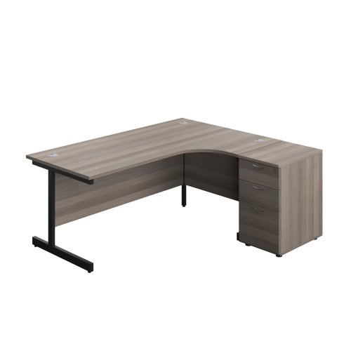 Single Upright Right Hand Radial Desk + Desk High 3 Drawer Pedestal (FSC) 1800 X 1200 600mm Deep Pedestal Grey Oak/Black