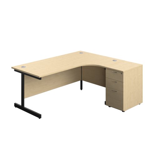Single Upright Right Hand Radial Desk + Desk High 3 Drawer Pedestal (FSC) 1800 X 1200 600mm Deep Pedestal Maple/Black