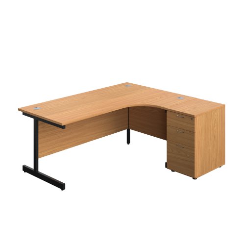 Single Upright Right Hand Radial Desk + Desk High 3 Drawer Pedestal (FSC) 1800 X 1200 600mm Deep Pedestal Nova Oak/Black
