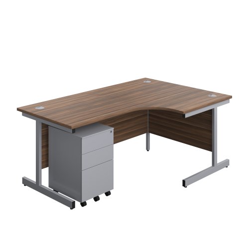 Single Upright Right Hand Radial Desk + Under Desk Steel Pedestal 3 Drawers (FSC) 1800 X 1200 Dark Walnut/Silver