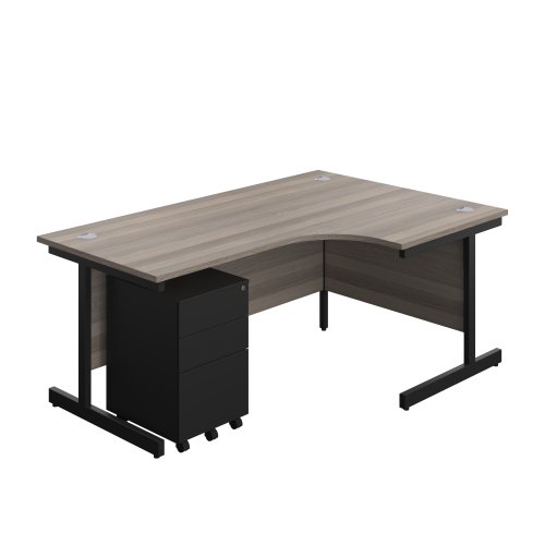 Single Upright Right Hand Radial Desk + Under Desk Steel Pedestal 3 Drawers (FSC) 1800 X 1200 Grey Oak/Black