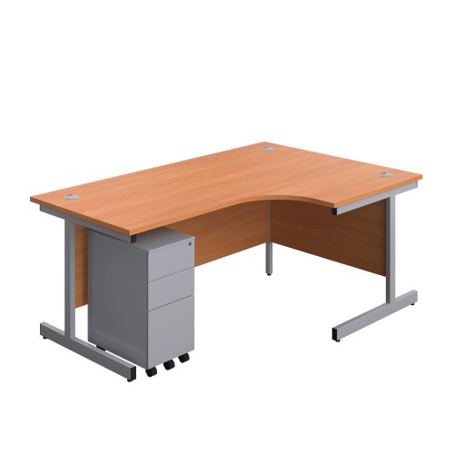 Single Upright Right Hand Radial Desk + Slimline Steel Pedestal 3 Drawers (FSC) 1800 X 1200 Beech/Silver
