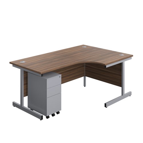 Single Upright Right Hand Radial Desk + Slimline Steel Pedestal 3 Drawers (FSC) 1800 X 1200 Dark Walnut/Silver