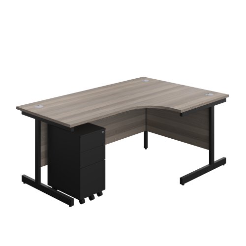Single Upright Right Hand Radial Desk + Slimline Steel Pedestal 3 Drawers (FSC) 1800 X 1200 Grey Oak/Black