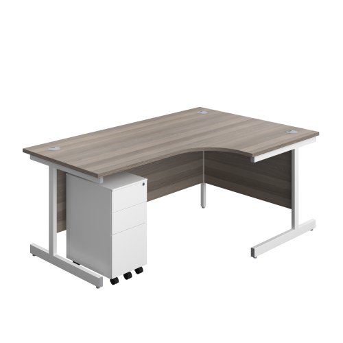 Single Upright Right Hand Radial Desk + Slimline Steel Pedestal 3 Drawers (FSC) 1800 X 1200 Grey Oak/White