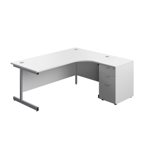 Single Upright Right Hand Radial Desk + Desk High 3 Drawer Pedestal (FSC) 1800 X 1200 600mm Deep Pedestal White/Silver