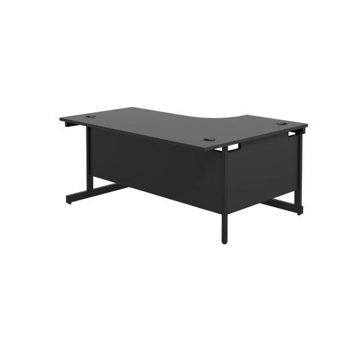SU1812LHRADBKBK | The Single Upright Left Hand Radial Desk is the perfect addition to any modern office space. With its sleek and stylish design, this desk features a cantilever leg and is available in white, black, and silver legs to match any decor. The desk also comes with cable ports as a standard feature, making it easy to keep your workspace organised and clutter-free. Additionally, the adjustable feet allow for easy levelling on uneven floors, while the included modesty panels provide added privacy and a professional look. Whether you're working from home or in a busy office, this desk is sure to provide the functionality and style you need to stay productive and comfortable all day long.