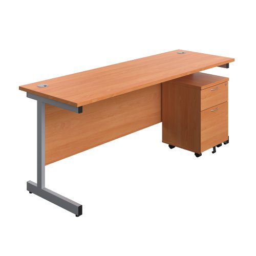 Single Upright Rectangular Desk + Mobile 2 Drawer Pedestal (FSC) 1800 X 600 Beech/Silver